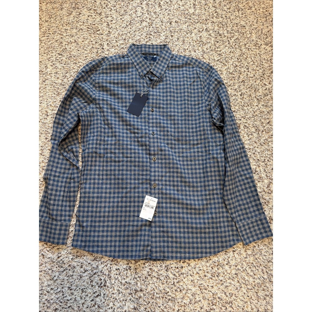 NORDSTROM 1901 TRIM FIT New  MEN'S LONG SLEEVE Shirt Blue Gray Plaid Sz L Linen